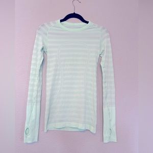 Lululemon Long Sleeve Swiftly - seafoam green color with stripes.